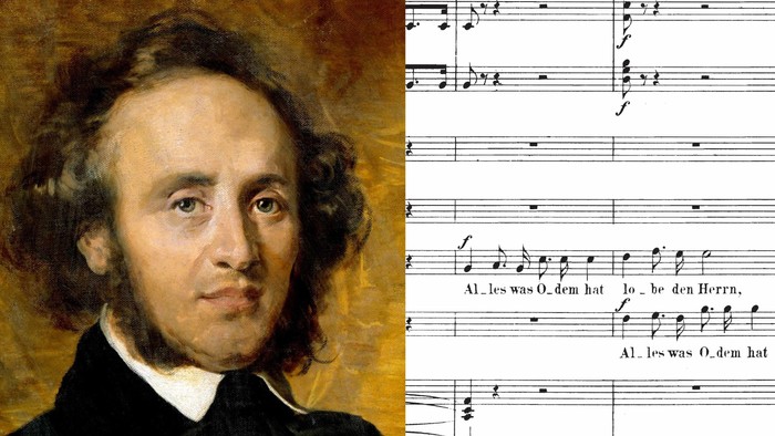 Porträt eines Mannes neben Notenblatt mit Text "Allein was Odem hat"