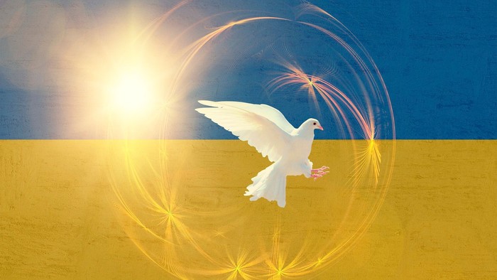 Eine weiße Taube fliegt zwischen goldenen Strahlen und Feuerwerk am blauen Himmel.