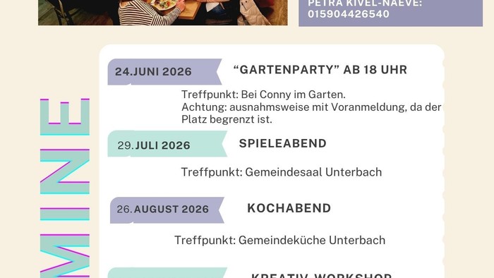 Veranstaltungsflyer für „Weiberabend“ mit monatlichen Treffen, Partys, Workshops und Gemeinschaftsveranstaltungen in Erkrath.