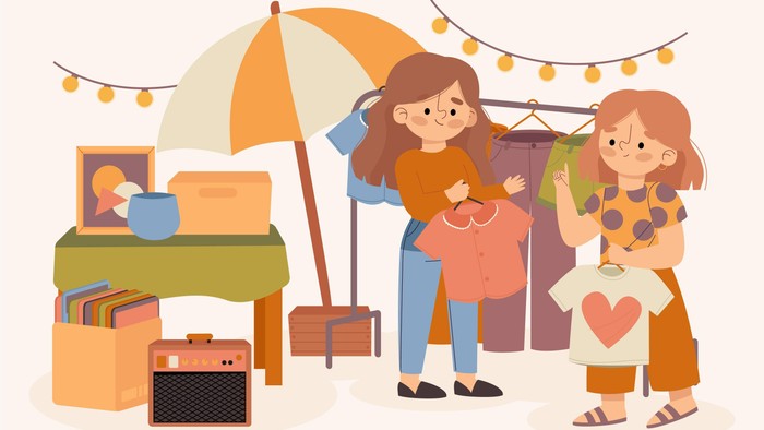 Zwei Frauen stöbern an einem gemütlichen Marktstand im Freien mit farbenfroher Kleidung und festlichen Lichtern darüber.