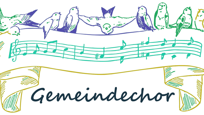 Verschiedene Vögel singen auf Notenlinien, darunter der Text "Gemeindechor"