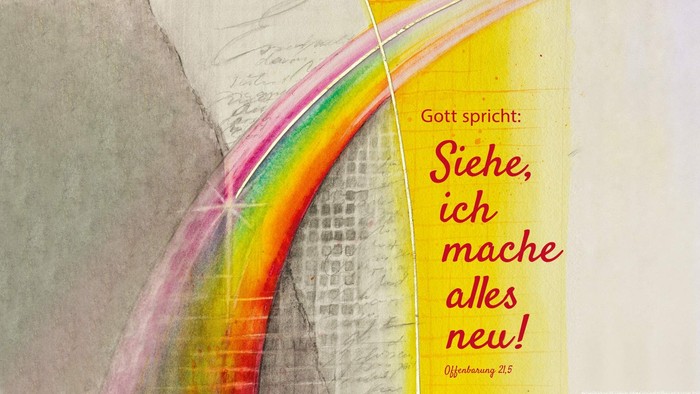 Bild zeigt einen Regenbogen und neben dem Regenbogen die Jahreslosung 2026: