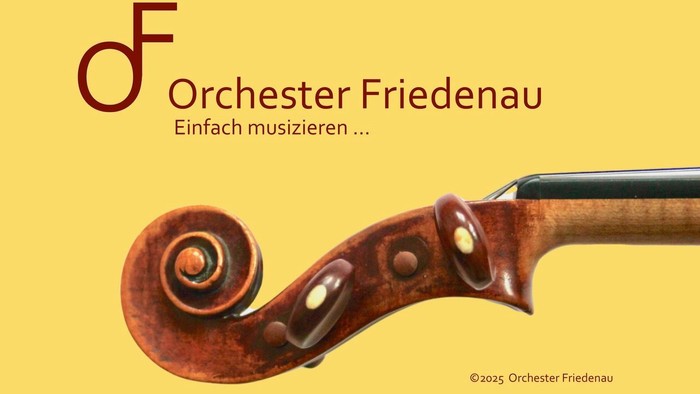 Das Bild zeigt eine Geigenkopfspitze mit dem Logo und Text des Orchesters Friedenau