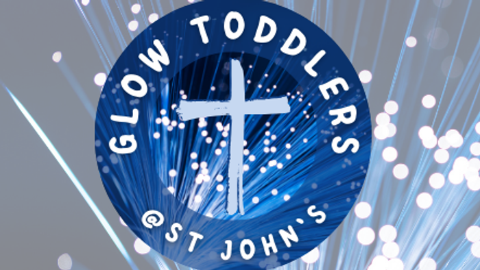 Blue logo with cross and text, surrounded by white lines and dots