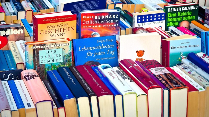 Viele Bücher in verschiedenen Farben und Themen, aufeinandergestapelt und liegend