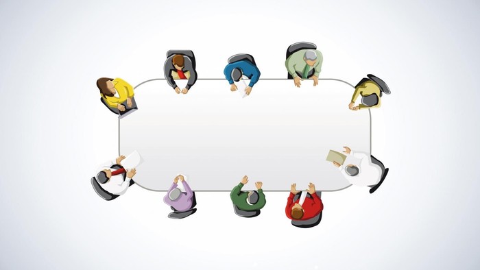 Mehrere Personen sitzen in einem Kreis und sind über ein Netzwerk verbunden.