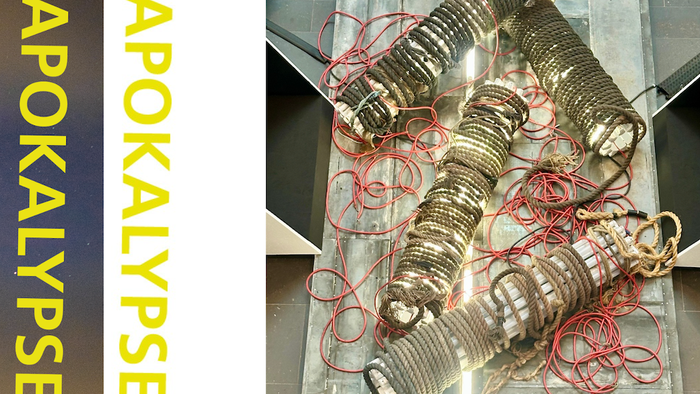 Das Bild zeigt medizinische Geräte mit roten Drähten, möglicherweise zur Apokalypse thematisiert.