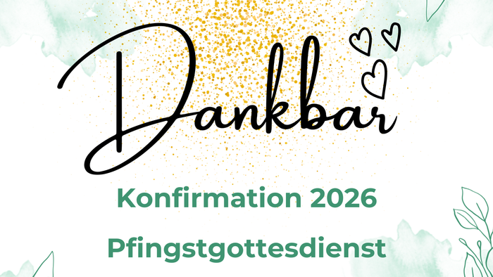 Plakat zum Pfingstgottesdienst 2026 mit Konfirmation, durch das Ensemble Estragon begleitet. Illustration mit Türkisen Wasserfarben und Olivenzweigen. Am oberen Ende ist eine Friedenstaube mit Olivenzweig im Schnabel zu sehen. Drunter steht groß 