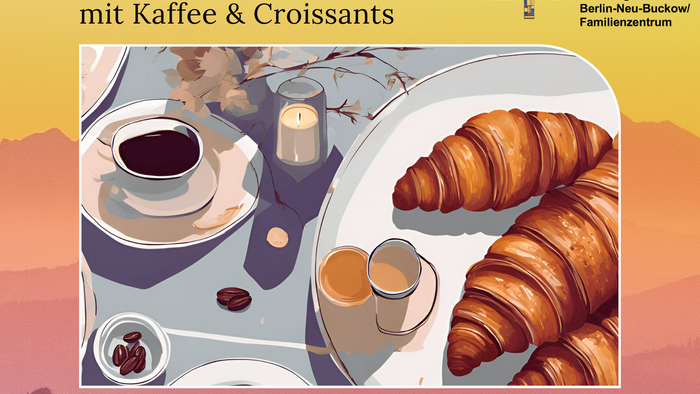 Wohnzimmergottesdienst mit Illustrationen von Croissants und Kaffee