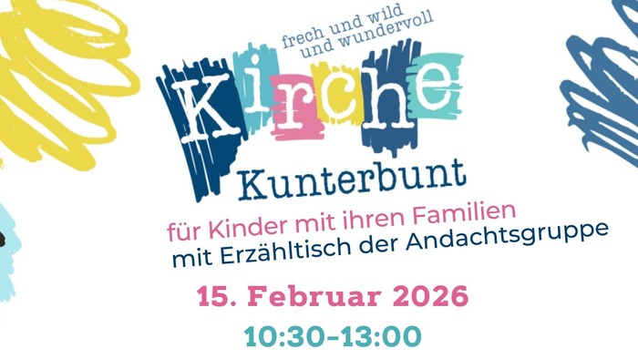 Bunter Flyer für die Kirche Kunterbunt mit den Zeiten und Angeboten