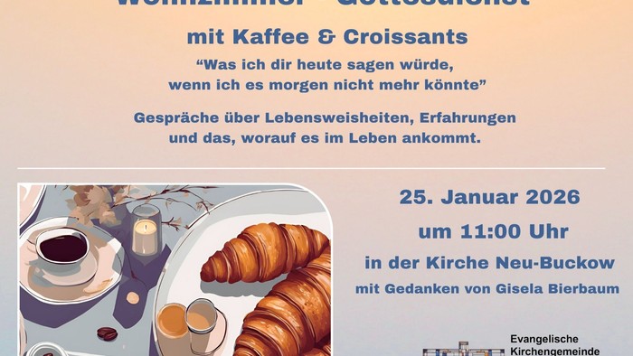 Informationsflyer zum Wohnzimmergottesdienst mit Illustrationen von Croissants und Kaffee sowie Datum und Uhrzeit