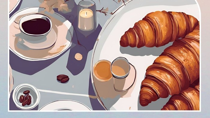 Informationsflyer zum Wohnzimmergottesdienst mit Illustrationen von Croissants und Kaffee sowie Datum und Uhrzeit