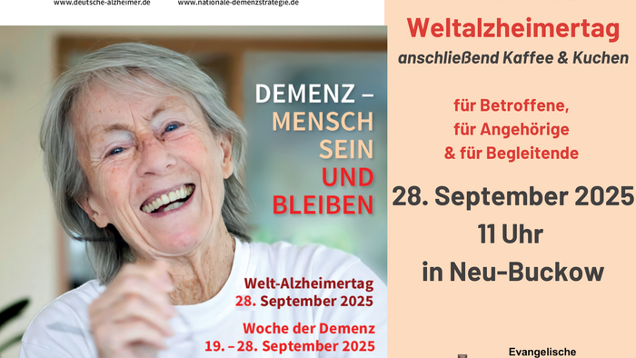 Informationsplakat zum Gottesdienst zum Weltalzheimertag. Eine lachende, ältere, graumelierte Frau im weißen T-Shirt. Daneben stehen die Informationen zum Gottesdienst. Alle Informationen stehen identisch im Kalendereintrag.