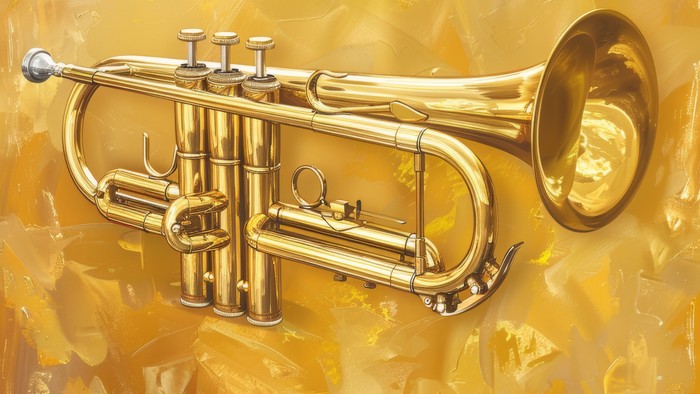Ein golden glänzendes Musikinstrument, eine Trompete, vor einem gelb-orangen Hintergrund
