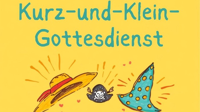 Ein bunter Kirchenflyer für einen kurzen Kindergottesdienst mit Weltraum-Dekorationen und Veranstaltungsdetails.