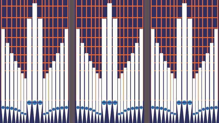 Das Bild zeigt eine Reihe von vertikalen, geometrischen Mustern in Blau-, Weiß- und Orangetönen vor einem blauen Hintergrund.