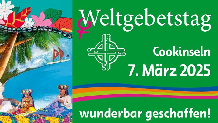 Weltgebetstag in Cookinseln mit farbenfrohem Bild und Datum 7. März 2025