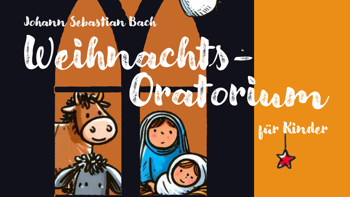 Plakat für eine Weihnachtsoratorium-Veranstaltung mit Musik von Bach, inklusive Details und Illustrationen.