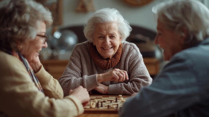 Drei ältere Frauen spielen ein Brettspiel, lächeln und genießen die gemeinsame Zeit.
