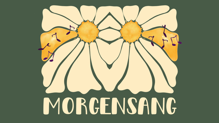 Tegnefilmsagtige bier på store blomster, med ordet "MORGENSANG" nedenunder.