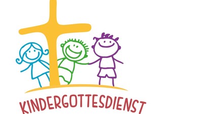 Drei Kinder stehen vor einem gelben Kreuz, darunter steht "KINDERGOTTESDIENST".