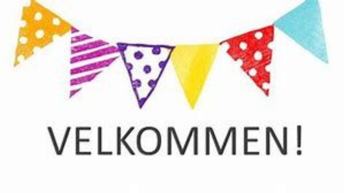 Bunting med farverne gule, rosa, blå og røde flag og teksten 'VELKOMMEN!'