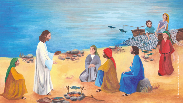 Das Bild zeigt eine biblische Szene am See mit Jesus und seinen Jüngern.