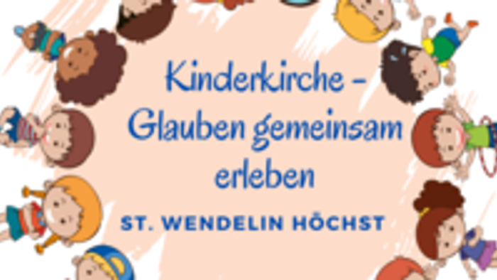 Bunte Illustration zur Förderung der Kindergemeinde mit vielfältigen Kindern, die Glaubenserfahrungen in St. Wendelin Höchst teilen.