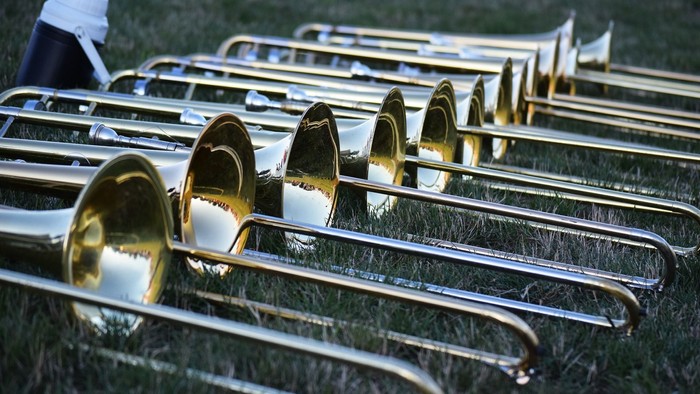 Eine Reihe von Posaunen liegt auf dem Gras.
