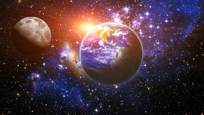 Bild zeigt Erde, Mond und Weltraum mit Sternen und Galaxien