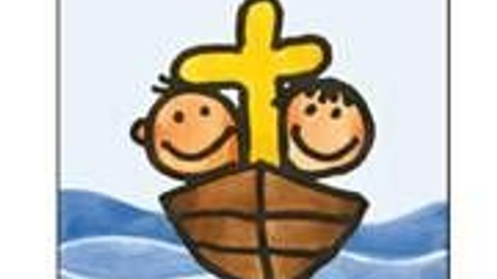 Zwei Kinder in einem Boot mit einem Kreuz darüber, Text darunter: