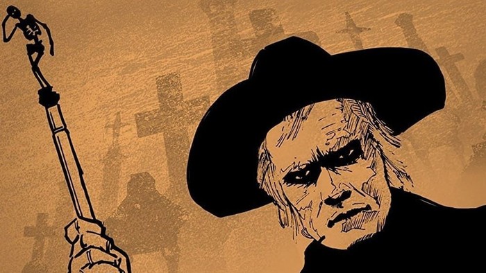 Ein Cowboy mit Hut und Gewehr, Text: "DER MÜDE TOD"