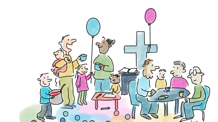  Menschen verschiedener Altersgruppen und Hautfarben feiern zusammen Kindergottesdienst. Einige halten Luftballons, andere sitzen an einem Tisch mit Getränken, im Hintergrund ein Kreuz und eine Bibel.