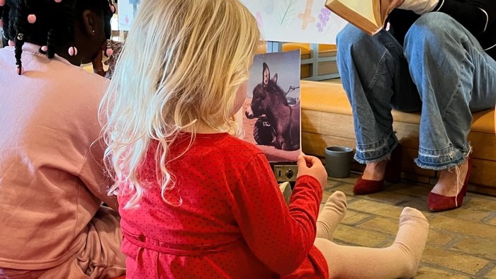 En lille pige i rød trøje ser på en bog med en dame og et andet barn.