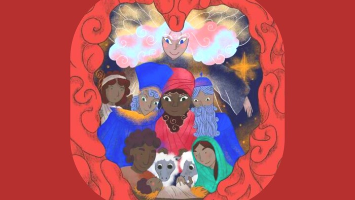 Børn omgivet af engler og dyrefigurer i en hjerteform