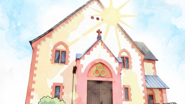 Aquarellkirche in warmem Sonnenlicht mit einladendem Eingang und grünen Sträuchern.