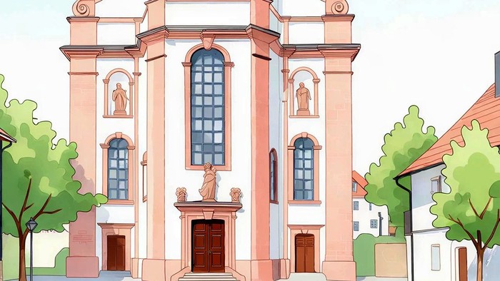 Bezaubernde historische Kirche mit Uhrturm und klassischer europäischer Dorfarchitektur in der Umgebung.