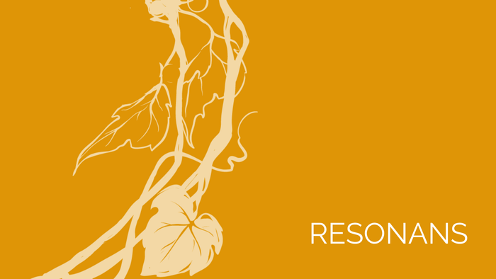 En orange baggrund har en hvid illustration af en stiliseret plante med ordet 