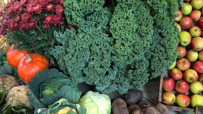 En markedsbude med en mangfoldighed af ferske grønne og røde økologiske produkter, heriblandt bladgrønne, kål, kålrabi, rød peberfrugt og æbler.