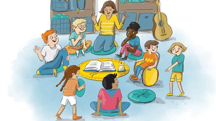 Eine Lehrerin liest einer Gruppe von Kindern vor, die um sie herum sitzen.