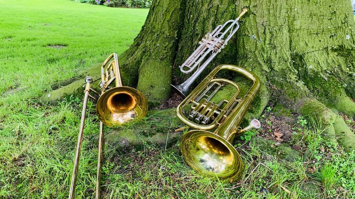 Blechblasinstrumente des Posaunenchor Rensefelds der Kirchengemeinde Schwartau unter einem Baum.