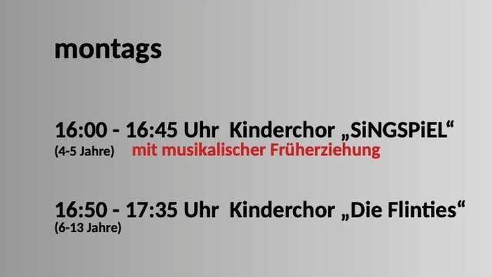 Kinderchorplan mit zwei Proben für verschiedene Altersgruppen montags in der Kirchengemeinde Flintbek.