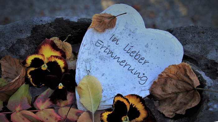 Herzförmiger Stein mit Blumen und Botschaft, datiert 23.11.2025