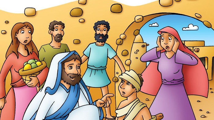 En gruppe mennesker i oldtidsdræbte klæder i en ørkenmiljø