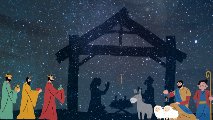 Nativity scene with wise men, animals, and baby Jesus under starry night sky.