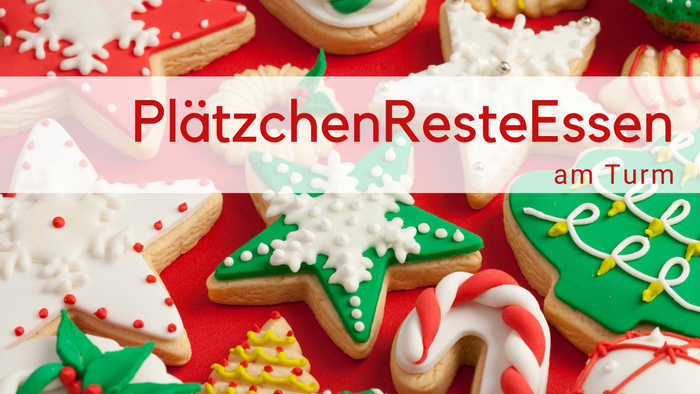 Oben ein Bild mit grün-rot verzierten selbstgebackenen Weihnachtsplätzchen.