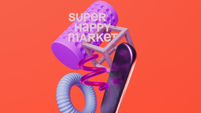 Das Bild zeigt den Text "Super Happy Market" mit bunten, abstrahierten Objekten auf einem orangen Hintergrund