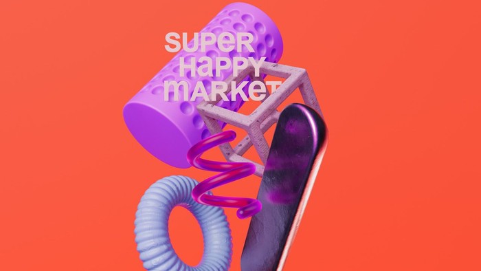 Das Bild zeigt den Text "Super Happy Market" mit bunten, abstrahierten Objekten auf einem orangen Hintergrund
