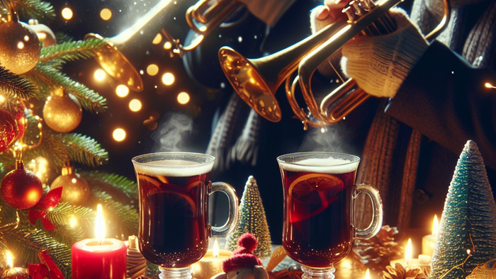 Trompeter spielen an einem weihnachtlich geschmückten Tisch. Darauf stehen Punschbecher.