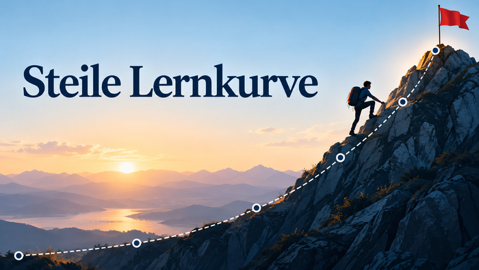 Zwei Wanderer steigen bei Sonnenuntergang einen steilen Bergpfad hinauf, was im Deutschen den schnellen Lernfortschritt mit „Steile Lernkurve“ symbolisiert.